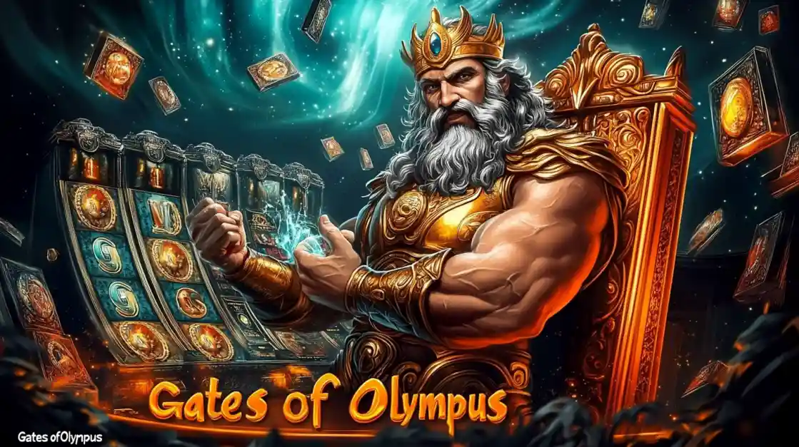 A majestic Zeus figure on a golden throne, surrounded by floating cards and a jita777 slot machine, with Gates of Olympus prominently displayed, inviting players to a mythical gaming experience.