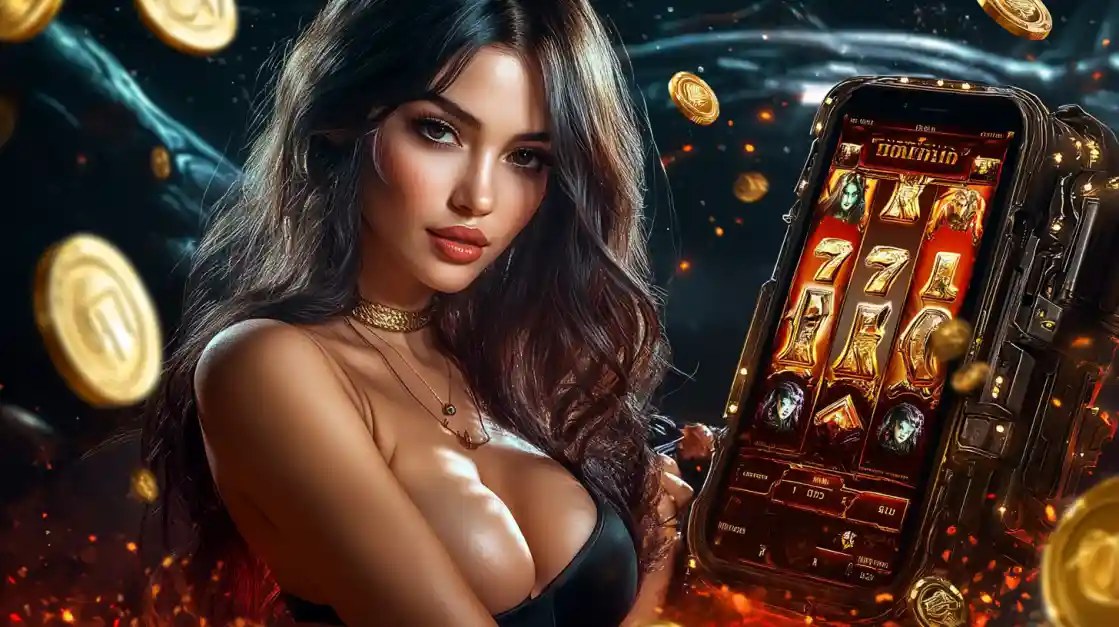 A confident woman holds a smartphone displaying a jita777 mobile slot game with 777 symbols and golden coins.